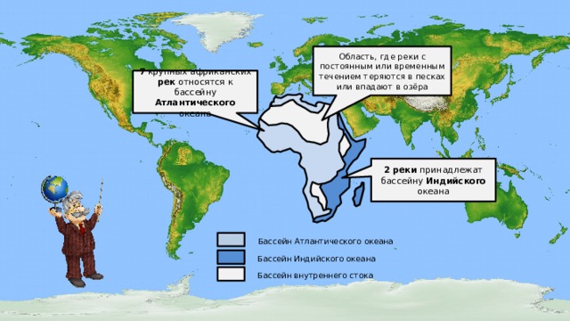Область, где реки с постоянным или временным течением теряются в песках или впадают в озёра 7 крупных африканских рек относятся к бассейну Атлантического океана 2  реки принадлежат бассейну Индийского океана Бассейн Атлантического океана Бассейн Индийского океана Бассейн внутреннего стока  