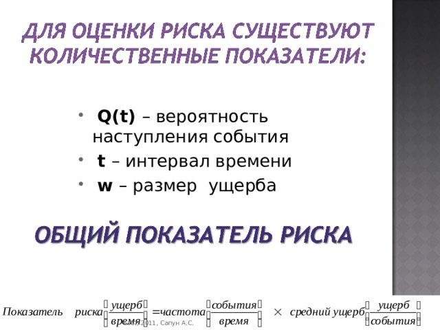  Q(t) – вероятность наступления события  t – интервал времени  w – размер  ущерба Математическое ожидание ущерба от опасного события за год БИП, 2011, Сапун А.С. 4 БИП, 2011, Сапун А.С. 