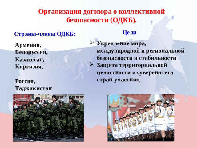 Организация договора о коллективной безопасности (ОДКБ). Цели Страны-члены ОДКБ: Укрепление мира, международной и региональной безопасности и стабильности  Защита территориальной целостности и суверенитета стран-участниц Армения, Белоруссия, Казахстан, Киргизия, Россия, Таджикистан 