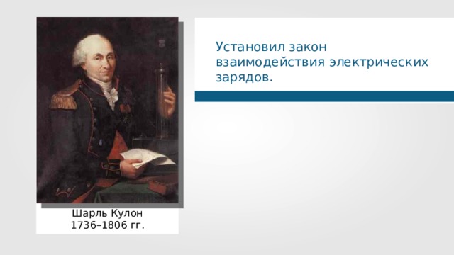 Установил закон взаимодействия электрических зарядов. Шарль Кулон 1736–1806 гг. 