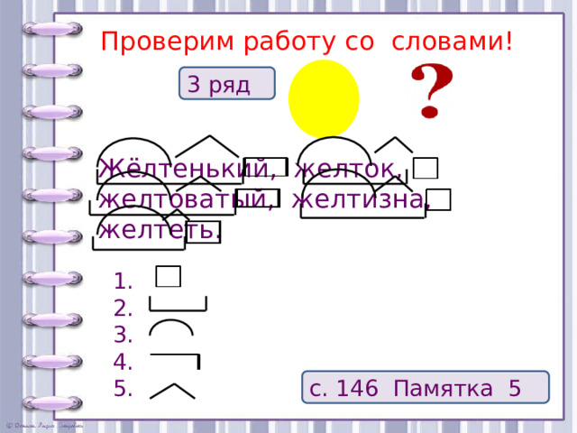 Проверим работу со словами! 3 ряд Жёлтенький, желток, желтоватый, желтизна, желтеть. 1. 2. 3. 4. 5. с. 146 Памятка 5  