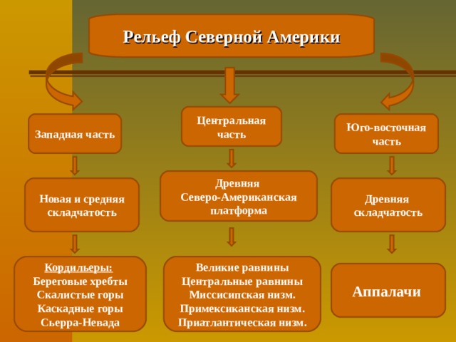 Рельеф Северной Америки Центральная часть Западная часть Юго-восточная часть Древняя Северо-Американская платформа Новая и средняя складчатость Древняя складчатость Великие равнины Центральные равнины Миссисипская низм. Примексиканская низм. Приатлантическая низм.  Кордильеры:  Береговые хребты Скалистые горы Каскадные горы Сьерра-Невада  Аппалачи 