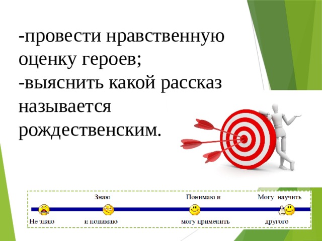 -провести нравственную оценку героев; -выяснить какой рассказ называется рождественским. 