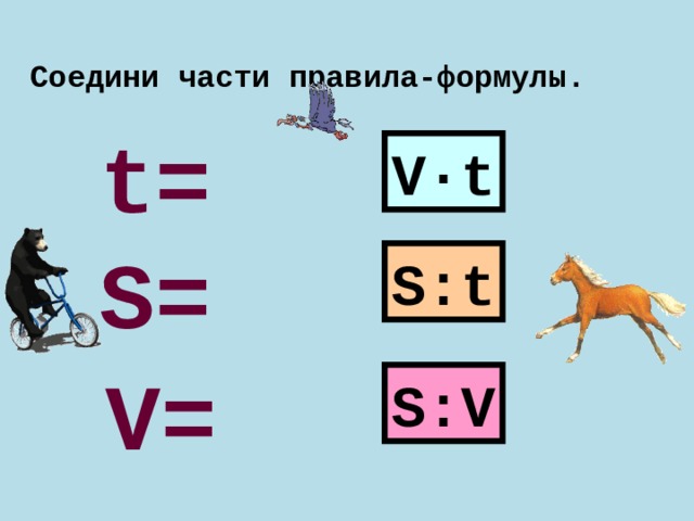 Соедини части правила-формулы.  t= V·t S= S:t V= S:V