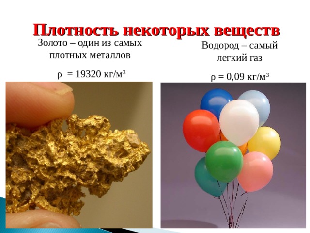 Плотность некоторых веществ Золото – один из самых плотных металлов  ρ = 19320 кг/м 3 Водород – самый легкий газ ρ = 0,09 кг/м 3 