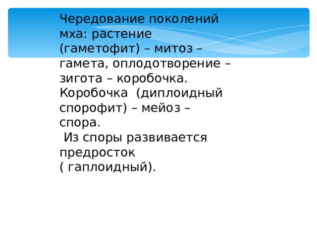 Чередование поколений мха: растение (гаметофит) – митоз – гамета, оплодотворение – зигота – коробочка. Коробочка (диплоидный спорофит) – мейоз – спора.  Из споры развивается предросток ( гаплоидный). 