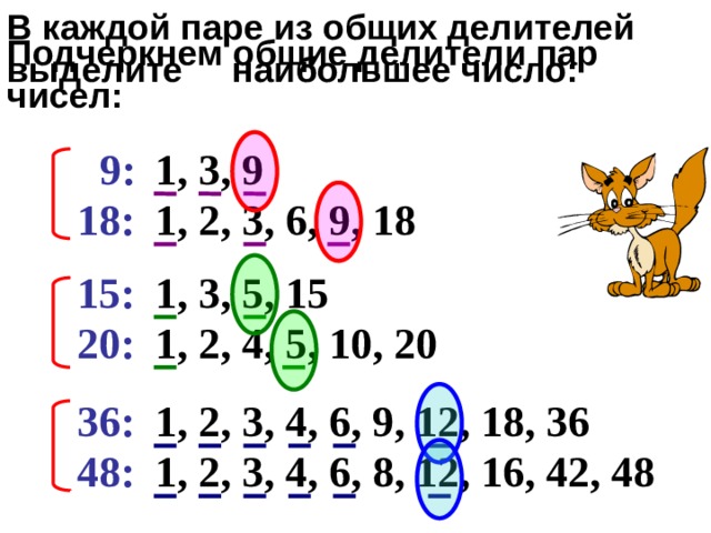 В каждой паре из общих делителей выделите наибольшее число: Подчеркнем общие делители пар чисел: 9:  1, 3, 9  1, 2, 3, 6, 9, 18  18:  1, 3, 5, 15  15:  1, 2, 4, 5, 10, 20  20:  36:  1, 2, 3, 4, 6, 9, 12, 18, 36  48:  1, 2, 3, 4, 6, 8, 12, 16, 42, 48  