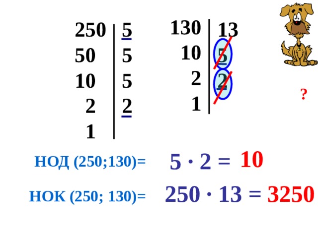 130  10  2  1   13 5 250 5 5 50 5 2 10  2 2    1   ? 10 5 · 2 = НОД (250;130)= 250 · 13 = 3250 НОК (250; 130)= 