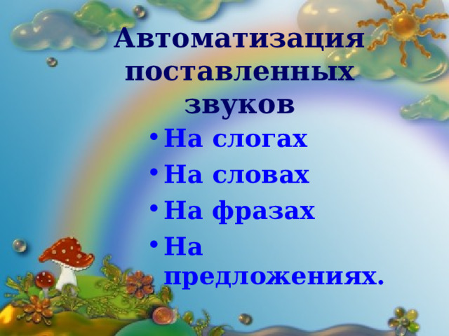 Автоматизация поставленных звуков На слогах На словах На фразах На предложениях. 