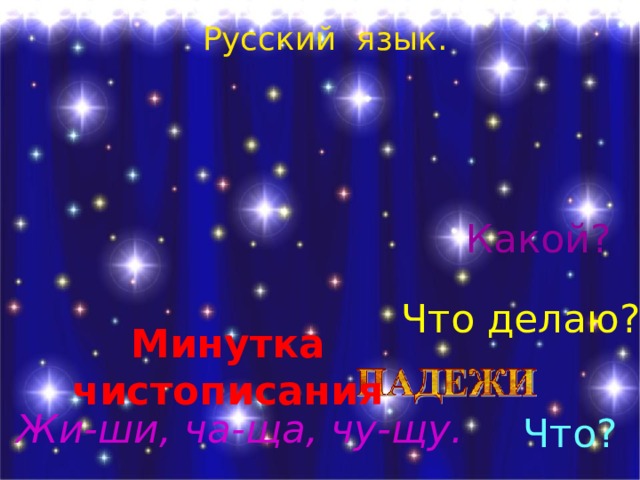 Русский язык. Какой? Что делаю? Минутка чистописания Жи-ши, ча-ща, чу-щу. Что? 