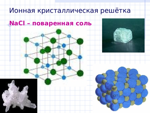 Ионная кристаллическая решётка NaCl – поваренная соль 