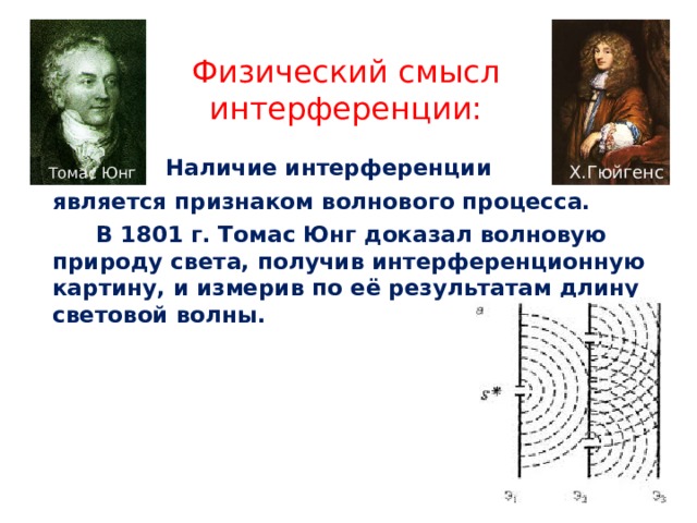 Физический смысл интерференции:    Наличие интерференции  является признаком волнового процесса.   В 1801 г. Томас Юнг доказал волновую природу света, получив интерференционную картину, и измерив по её результатам длину световой волны. Х.Гюйгенс Томас Юнг 