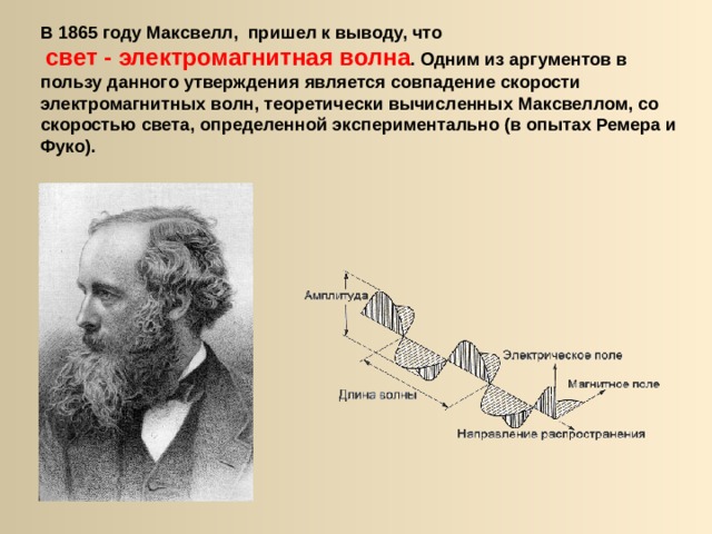 В 1865 году Максвелл, пришел к выводу, что  свет - электромагнитная волна . Одним из аргументов в пользу данного утверждения является совпадение скорости электромагнитных волн, теоретически вычисленных Максвеллом, со скоростью света, определенной экспериментально (в опытах Ремера и Фуко). 