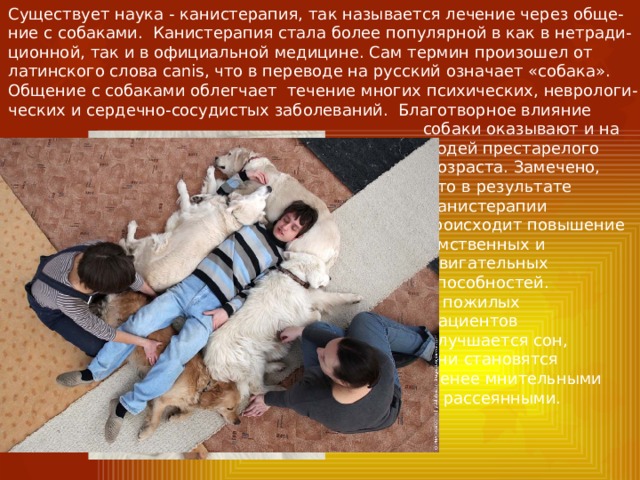 Существует наука - канистерапия, так называется лечение через обще- ние с собаками. Канистерапия стала более популярной в как в нетради- ционной, так и в официальной медицине. Сам термин произошел от латинского слова canis, что в переводе на русский означает «собака». Общение с собаками облегчает течение многих психических, неврологи- ческих и сердечно-сосудистых заболеваний. Благотворное влияние  собаки оказывают и на  людей престарелого  возраста. Замечено,  что в результате  канистерапии  происходит повышение  умственных и  двигательных  способностей.  У пожилых  пациентов  улучшается сон,  они становятся  менее мнительными  и рассеянными. 