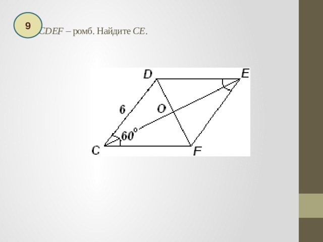  CDEF – ромб. Найдите СЕ .   9 