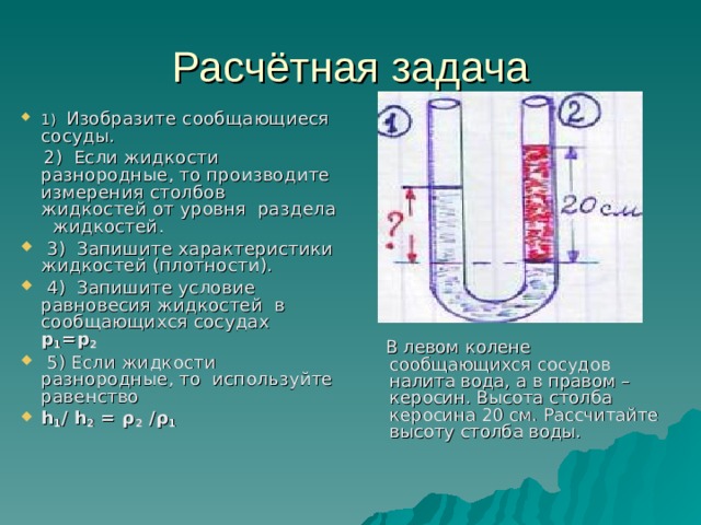 Расчётная задача 1)  Изобразите сообщающиеся сосуды.  2) Если жидкости разнородные, то производите измерения столбов жидкостей от уровня раздела жидкостей.  3) Запишите характеристики жидкостей (плотности).  4) Запишите условие равновесия жидкостей в сообщающихся сосудах p 1 = p 2  5) Если жидкости разнородные, то используйте равенство h 1 / h 2 = ρ 2 /ρ 1  В левом колене сообщающихся сосудов налита вода, а в правом – керосин. Высота столба керосина 20 см. Рассчитайте высоту столба воды. 