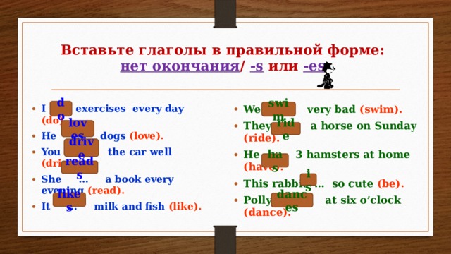 Вставьте глаголы в правильной форме:  нет окончания / -s или -es do I … exercises every day (do). He … dogs (love). You … the car well (drive). She … a book every evening (read). It … milk and fish (like). We … very bad (swim). They … a horse on Sunday (ride). He … 3 hamsters at home (have). This rabbit … so cute (be). Polly … at six o’clock (dance).  swim loves ride drive has reads is likes dances 