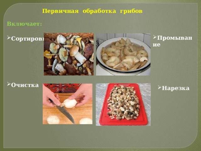 Первичная обработка грибов Включает:  Сортировка      Промывание Очистка Нарезка 