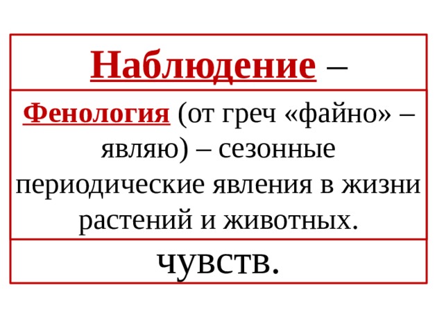 Наблюдение – восприятие природных объектов или явлений с помощью органов чувств. Фенология  (от греч «файно» – являю)  – сезонные периодические явления в жизни растений и животных. 