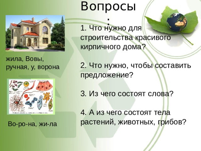 Вопросы: 1. Что нужно для строительства красивого кирпичного дома? 2. Что нужно, чтобы составить предложение? 3. Из чего состоят слова? 4. А из чего состоят тела растений, животных, грибов? жила, Вовы, ручная, у, ворона   Во-ро-на, жи-ла 