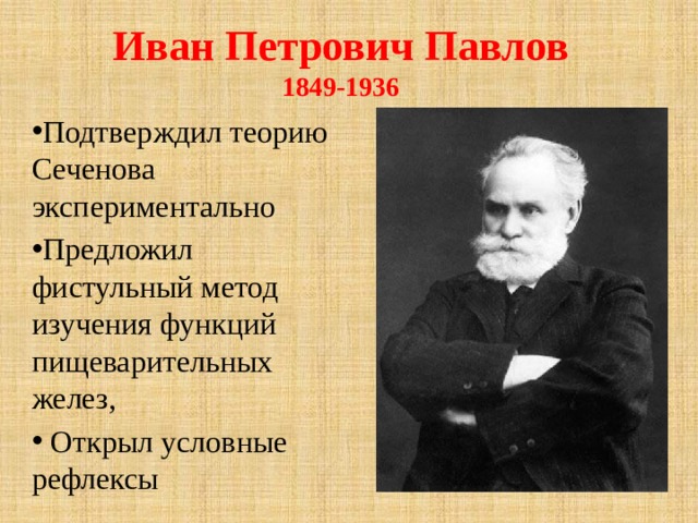 Иван Петрович Павлов  1849-1936  Подтверждил теорию Сеченова экспериментально Предложил фистульный метод изучения функций пищеварительных желез,  Открыл условные рефлексы 