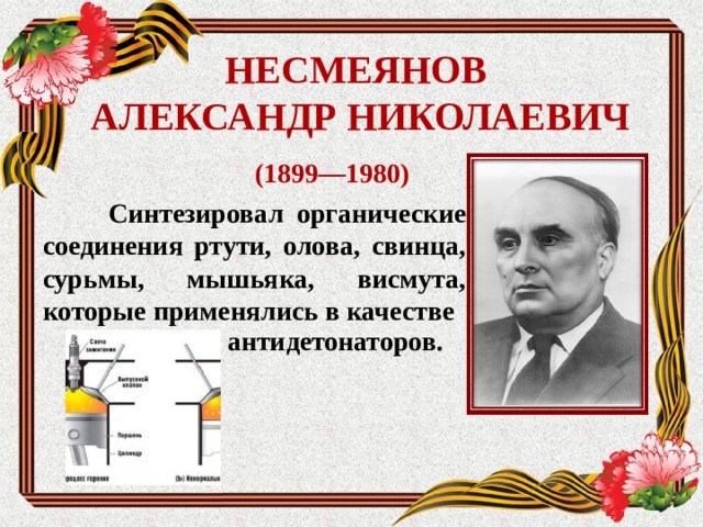 НЕСМЕЯНОВ  АЛЕКСАНДР НИКОЛАЕВИЧ (1899—1980)  Синтезировал органические соединения ртути, олова, свинца, сурьмы, мышьяка, висмута, которые применялись в качестве   антидетонаторов.  