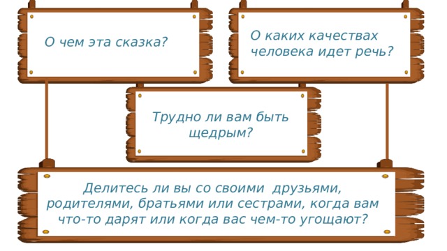 О каких качествах человека идет речь? О чем эта сказка? Трудно ли вам быть щедрым?   Делитесь ли вы со своими друзьями, родителями, братьями или сестрами, когда вам что-то дарят или когда вас чем-то угощают?   