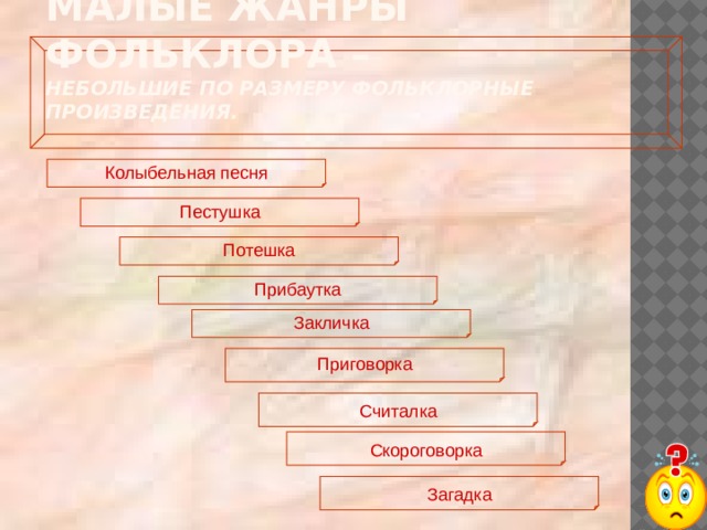 Малые жанры фольклора –  небольшие по размеру фольклорные произведения.   Колыбельная песня Пестушка Потешка Прибаутка Закличка Приговорка Считалка Скороговорка Загадка 