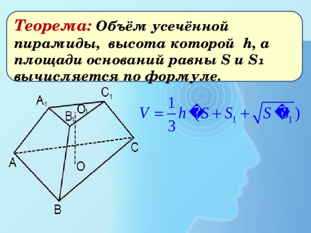 Теорема:  Объём усечённой пирамиды, высота которой h, а площади оснований равны S и S₁ вычисляется по формуле. 
