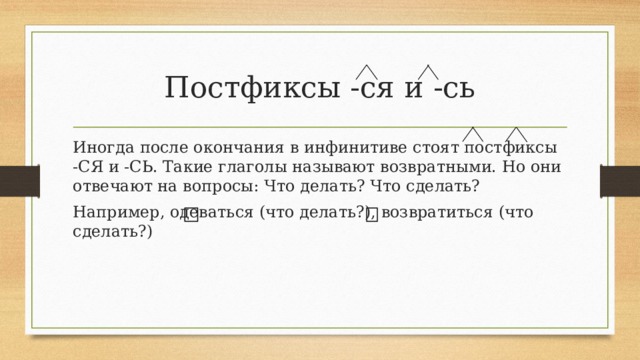 Постфиксы -ся и -сь Иногда после окончания в инфинитиве стоят постфиксы -СЯ и -СЬ. Такие глаголы называют возвратными. Но они отвечают на вопросы: Что делать? Что сделать? Например, одеваться (что делать?), возвратиться (что сделать?) 