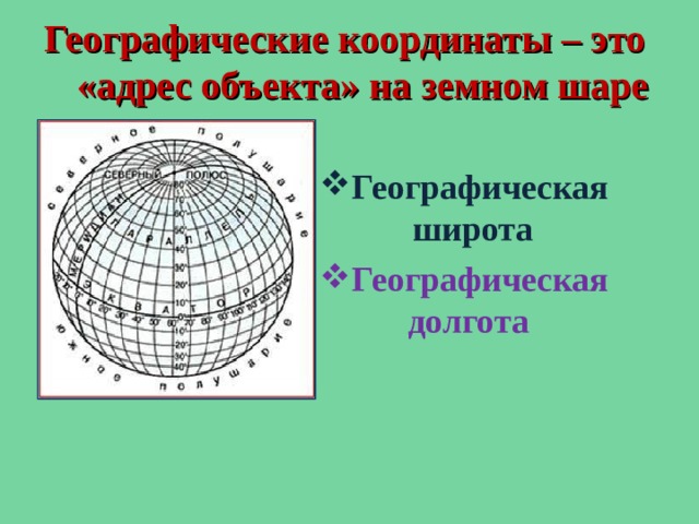 Географические координаты – это  «адрес объекта» на земном шаре  Географическая широта Географическая долгота 