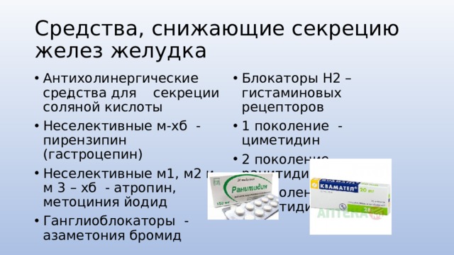 Средства, снижающие секрецию желез желудка Антихолинергические средства для секреции соляной кислоты Неселективные м-хб - пирензипин (гастроцепин) Неселективные м1, м2 и м 3 – хб - атропин, метоциния йодид Ганглиоблокаторы - азаметония бромид Блокаторы Н2 – гистаминовых рецепторов 1 поколение - циметидин 2 поколение - ранитидин 3 поколение - фамотидин 