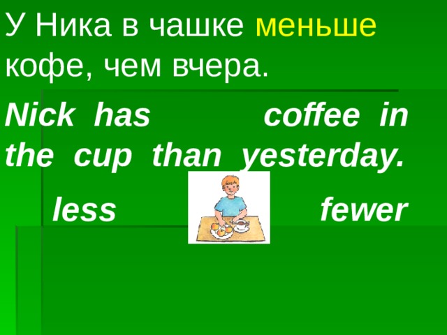 У Ника в чашке меньше кофе, чем вчера. Nick  has coffee in   the cup than yesterday. less fewer 