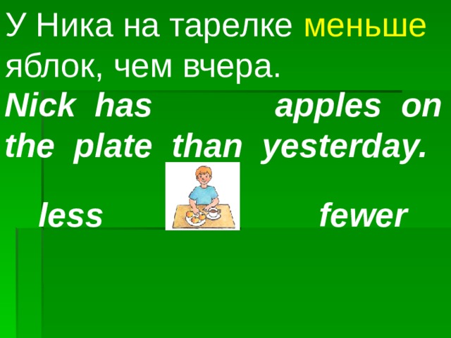 У Ника на тарелке меньше  яблок, чем вчера. Nick has  apples on the plate than yesterday. less fewer 