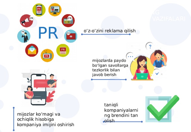 PR PR SMM NING  ASOSIY VAZIFALARI PR PR PR o‘z-o‘zini reklama qilish PR PR PR PR PR mijozlarda paydo bo‘lgan savollarga tezkorlik bilan javob berish taniqli kompaniyalarning brendini tan olish mijozlar ko‘magi va ochiqlik hisobiga kompaniya imijini oshirish 