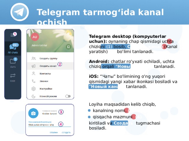 Informatika 8-sinf Mavzu: Telegram tarmogida kanal ochish