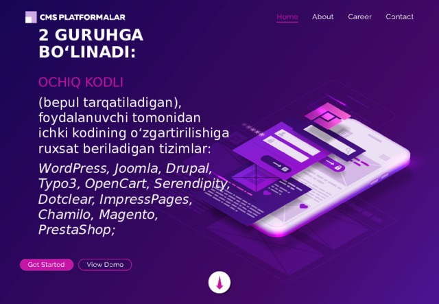 2 GURUHGA BO‘LINADI: OCHIQ KODLI (bepul tarqatiladigan), foydalanuvchi tomonidan ichki kodining o‘zgartirilishiga ruxsat beriladigan tizimlar: WordPress, Joomla, Drupal, Typo3, OpenCart, Serendipity, Dotclear, ImpressPages, Chamilo, Magento, PrestaShop; 