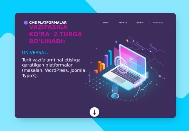 VAZIFASIGA KO‘RA 2 TURGA BO‘LINADI: UNIVERSAL. Turli vazifalarni hal etishga qaratilgan platformalar (masalan, WordPress, Joomla, Typo3 ). 