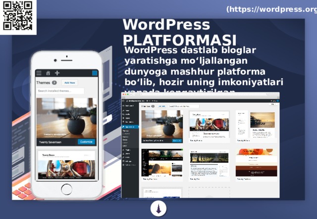 (https://wordpress.org/) WordPress PLATFORMASI WordPress dastlab bloglar yaratishga mo‘ljallangan dunyoga mashhur platforma bo‘lib, hozir uning imkoniyatlari yanada kengaytirilgan. 