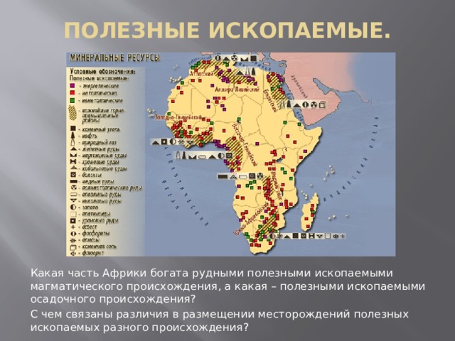 Какими полезными ископаемыми богата евразия. Карта рельефа и полезных ископаемых Африки. Карта Африки рельеф и полезные ископаемые. Таблица рельеф и полезные ископаемые Африки и Южной Америки. Карта полезных ископаемых в Северной Африке.