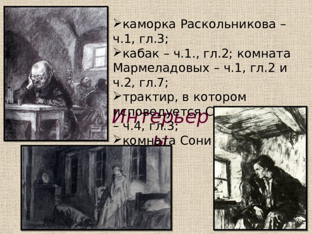 каморка Раскольникова – ч.1, гл.3; кабак – ч.1., гл.2; комната Мармеладовых – ч.1, гл.2 и ч.2, гл.7; трактир, в котором исповедуется Свидригайлов – ч.4, гл.3; комната Сони – ч.4, гл.4 Интерьеры 