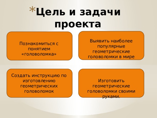 Цель и задачи проекта Выявить наиболее популярные геометрические головоломки в мире Познакомиться с понятием «головоломка» Создать инструкцию по изготовлению геометрических головоломок Изготовить геометрические головоломки своими руками. 