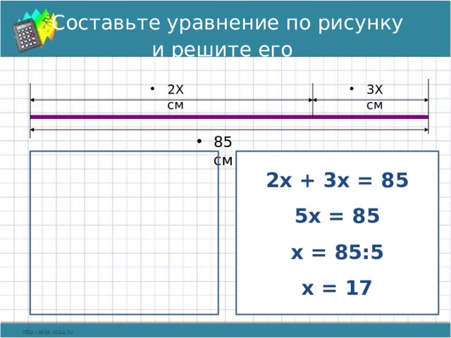   Составьте уравнение по рисунку  и решите его   2Х см 3Х см 85 см 2х + 3х = 85 5х = 85 х = 85:5 х = 17 