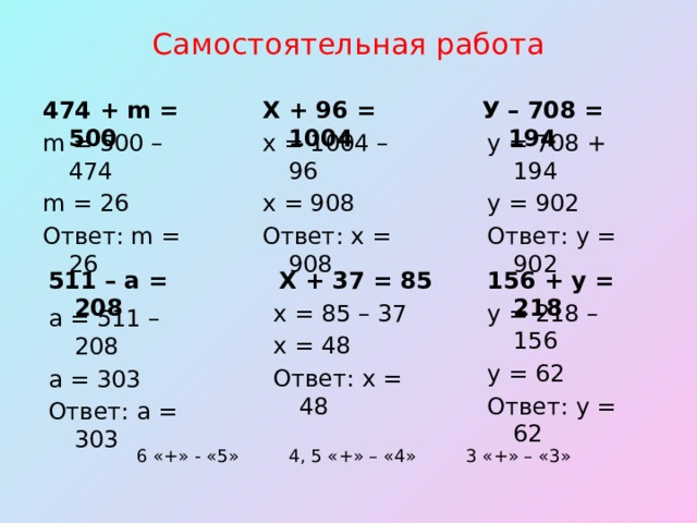 Самостоятельная работа Х + 96 = 1004 У – 708 = 194 474 + m = 500 m = 500 – 474 х = 1004 – 96 у = 708 + 194 m = 26 х = 908 у = 902 Ответ: m = 26 Ответ: х = 908 Ответ: у = 902 156 + у = 218 511 – а = 208 Х + 37 = 85 у = 218 – 156 х = 85 – 37 у = 62 х = 48 Ответ: у = 62 Ответ: х = 48 а = 511 – 208 а = 303 Ответ: а = 303 6 «+» - «5» 4, 5 «+» – «4» 3 «+» – «3» 