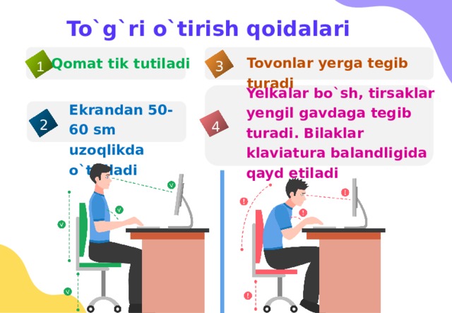 To`g`ri o`tirish qoidalari Tovonlar yerga tegib turadi Qomat tik tutiladi 3 1 Yelkalar bo`sh, tirsaklar yengil gavdaga tegib turadi. Bilaklar klaviatura balandligida qayd etiladi Ekrandan 50-60 sm uzoqlikda o`tiriladi 2 4 