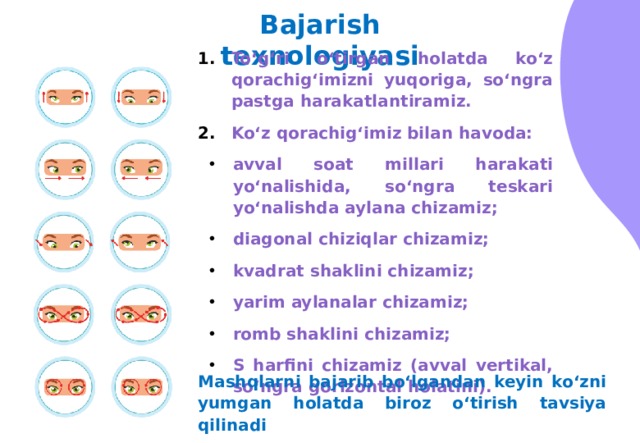 Bajarish texnologiyasi To‘g‘ri o‘tirgan holatda ko‘z qorachig‘imizni yuqoriga, so‘ngra pastga harakatlantiramiz. Ko‘z qorachig‘imiz bilan havoda: avval soat millari harakati yo‘nalishida, so‘ngra teskari yo‘nalishda aylana chizamiz; diagonal chiziqlar chizamiz; kvadrat shaklini chizamiz; yarim aylanalar chizamiz; romb shaklini chizamiz; S harfini chizamiz (avval vertikal, so‘ngra gorizontal holatini). Mashqlarni bajarib bo‘lgandan keyin ko‘zni yumgan holatda biroz o‘tirish tavsiya qilinadi 