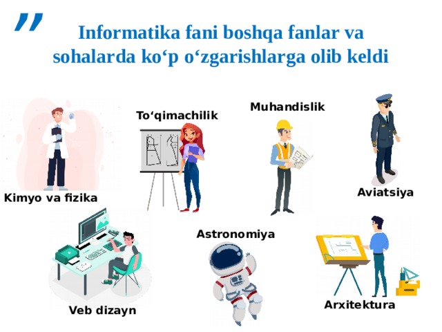 ” Informatika fani boshqa fanlar va sohalarda ko‘p o‘zgarishlarga olib keldi Muhandislik To‘qimachilik Aviatsiya Kimyo va fizika Astronomiya Arxitektura Veb dizayn 