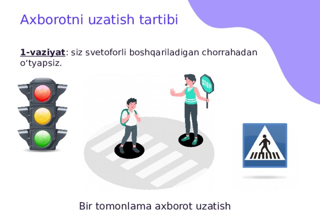 Axborotni uzatish tartibi 1-vaziyat : siz svetoforli boshqariladigan chorrahadan o‘tyapsiz. Bir tomonlama axborot uzatish 