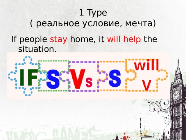 1 Type  ( реальное условие, мечта) If people stay home, it will help the situation. 