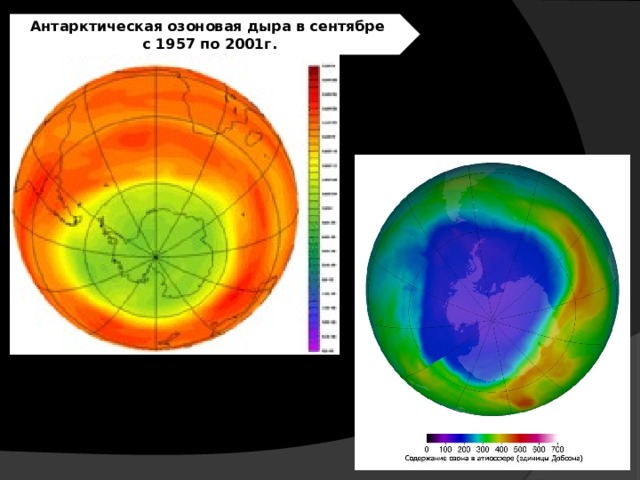 Антарктическая озоновая дыра в сентябре с 1957 по 2001г. 
